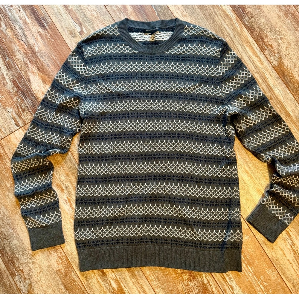 Banana Republic Mens Grey Fair Isle Cotton Wool Blend Nordic Crewneck Sweater M